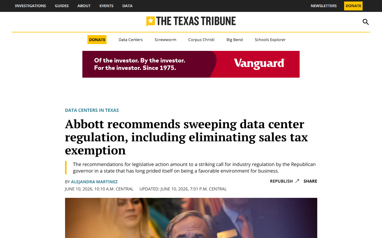 Texas Tribune report June 10 2026 Governor Greg Abbott recommends sweeping data center regulation directs PUC and ERCOT to shield residential ratepayers from data center costs cut residential transmission costs by July 31 repeal sales tax exemptions