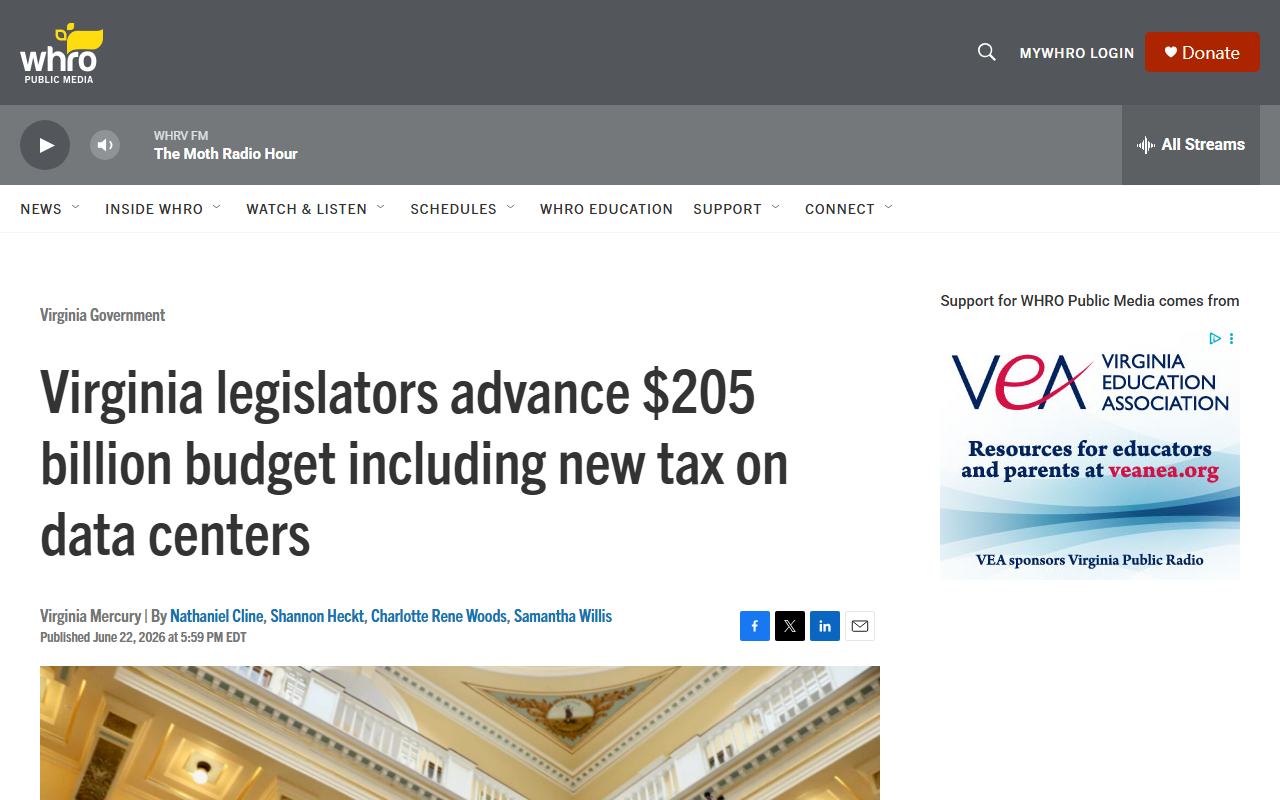 WHRO report Virginia General Assembly advances 205 billion dollar budget including new tax on data centers electricity use 0.011 dollars per kilowatt hour first state to tax data center power consumption directly in law Dominion Energy residential rate impact ratepayer advocacy groups organized opposition higher electricity bills top concern