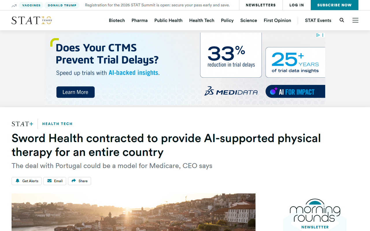 STAT News report Sword Health signs nationwide contract with Portugal SNS national health service AI-supervised physical therapy 10 million residents tablet and motion sensor real-time exercise correction licensed physical therapist sets and adjusts treatment plan remotely 97 percent reduction in physical therapy wait times