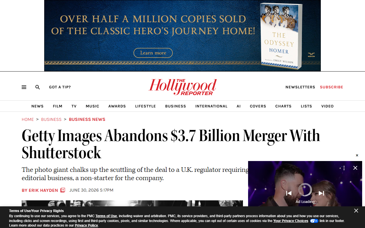 Hollywood Reporter June 30 2026 Getty Images and Shutterstock terminate their $3.7 billion merger first announced January 2025 after UK Competition and Markets Authority required Shutterstock to divest its editorial business Getty board voted unanimously against and instead pivoted to license its image library to OpenAI through ChatGPT