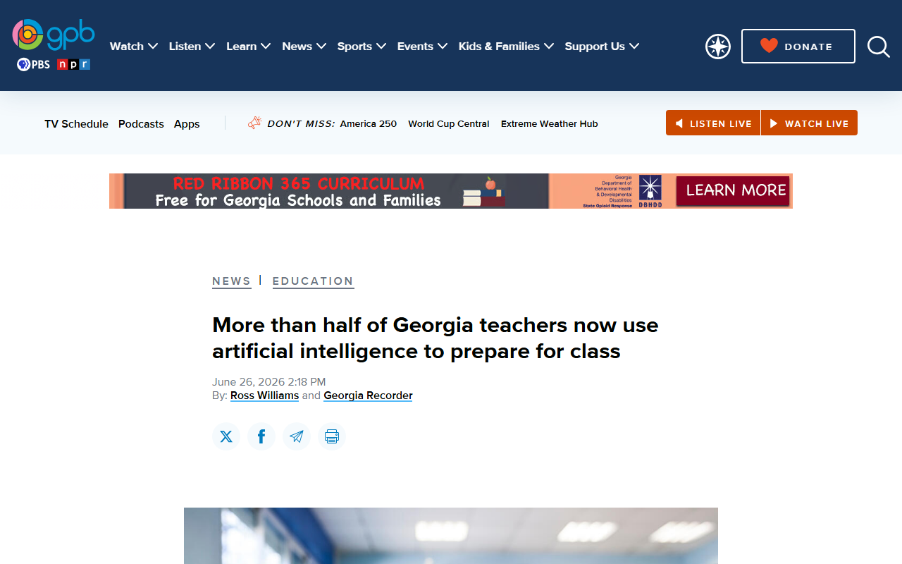 Georgia Public Broadcasting June 26 2026 survey by the Georgia Department of Audits and Accounts of more than 13000 teachers found 59 percent use AI for teaching 95 percent for lesson planning nearly 90 percent call it positive for their classroom but majorities of middle and high school teachers say it is negative for student learning 43 percent use detection software