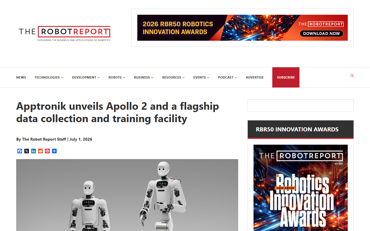 The Robot Report July 1 2026 Apptronik unveils Apollo 2 flagship general-purpose humanoid robot in bipedal and wheeled configurations plus 90000 square foot Robot Park training facility, built on Google DeepMind Gemini Robotics models, deployments at Mercedes-Benz and GXO Logistics, CEO Jeff Cardenas