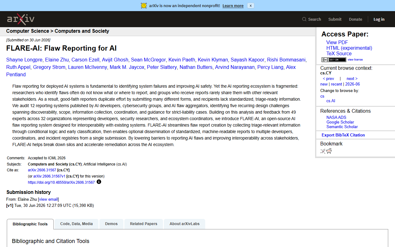 IBTimes report July 2026 a 49-researcher 32-organization coalition launches FLARE-AI the first open-source standardized registry for reporting flaws and incidents in AI models co-led by Shayne Longpre and Elaine Zhu with Hugging Face MIT Stanford MITRE CERT the AI Incident Database and the OECD one intake form forwards a machine-readable report to every developer and incident registry at once backing paper arXiv 2606.31567 accepted to ICML 2026