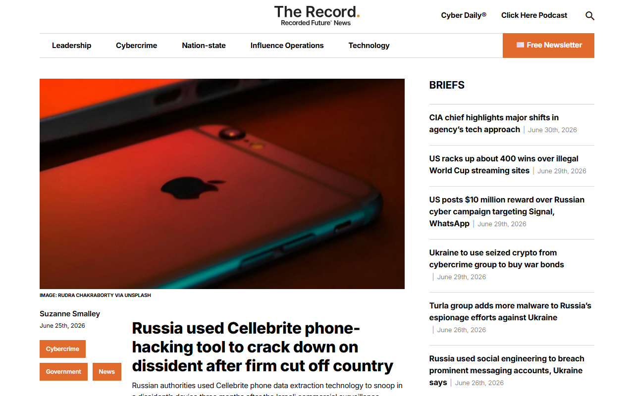 The Record report June 25 2026 Citizen Lab and Access Now document Russian authorities using Cellebrite UFED phone-cracking tool against opposition activist Andrey Pivovarov three months after the Israeli firm said in March 2021 it would stop selling to Russia phone breached June 17 2021 extracted documents used to prosecute him four-year sentence tools work offline and cannot be remotely disabled John Scott-Railton