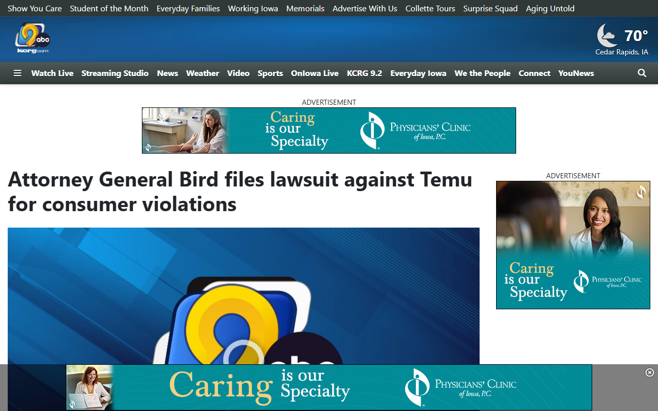KCRG report July 1 2026 Iowa Attorney General Brenna Bird files 86-page lawsuit against Temu owned by PDD Holdings in Polk County District Court alleging Iowa Consumer Fraud Act violations excess data collection location other apps device identifiers Wi-Fi data children under 13 without parental consent China national security law could compel data disclosure seeking up to 40000 dollars per violation