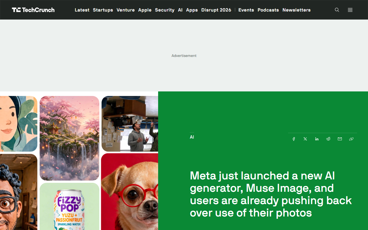 TechCrunch report July 7 2026 Meta launches Muse Image AI generator from Meta Superintelligence Labs live in Meta AI app Instagram Stories and WhatsApp public Instagram accounts opted in by default to AI likeness remixing no consent no notification opt-out buried in Sharing and reuse settings not retroactive