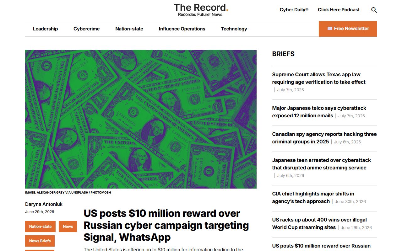 The Record report July 2026 US State Department Rewards for Justice offers 10 million dollar reward for information on UNC5792 and UNC4221 Russian hacking groups linked to FSB Border Guard Service and military intelligence targeting Signal and WhatsApp backup recovery keys via social engineering campaign active since March 2026