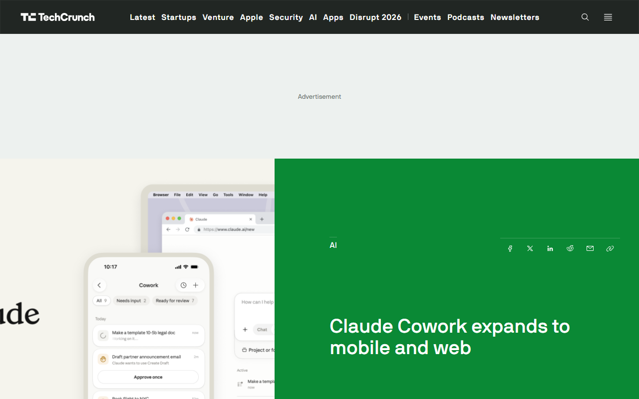 TechCrunch report July 7 2026 Anthropic expands Claude Cowork autonomous work agent to web and mobile starting with Max subscribers at 100 dollars a month usage data from 1.2 million sessions across more than 600000 organizations shows business-process automation 33.4 percent content creation 16.4 percent software development only 8.7 percent agent runs scheduled tasks in the background leaves follow-up email drafted but unsent