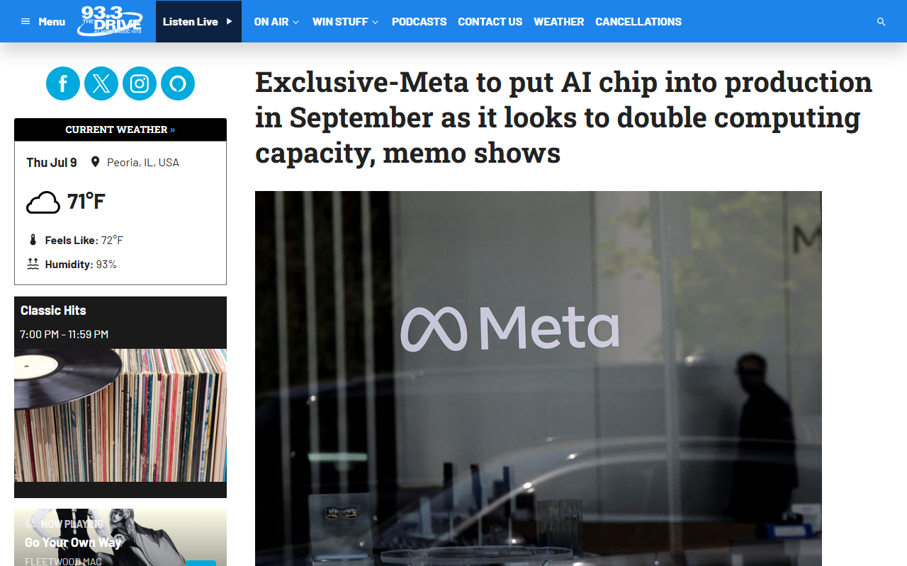 Reuters exclusive July 9 2026 internal memo Meta to put first in-house AI chip Iris into production September cleared bug-testing in six weeks MTIA Meta Training and Inference Accelerators designed with Broadcom built by TSMC supplement Nvidia and AMD GPUs six gigawatts AMD Instinct deal doubling compute 7 to 14 gigawatts 145 billion AI infrastructure spending new chip every six months through 2027