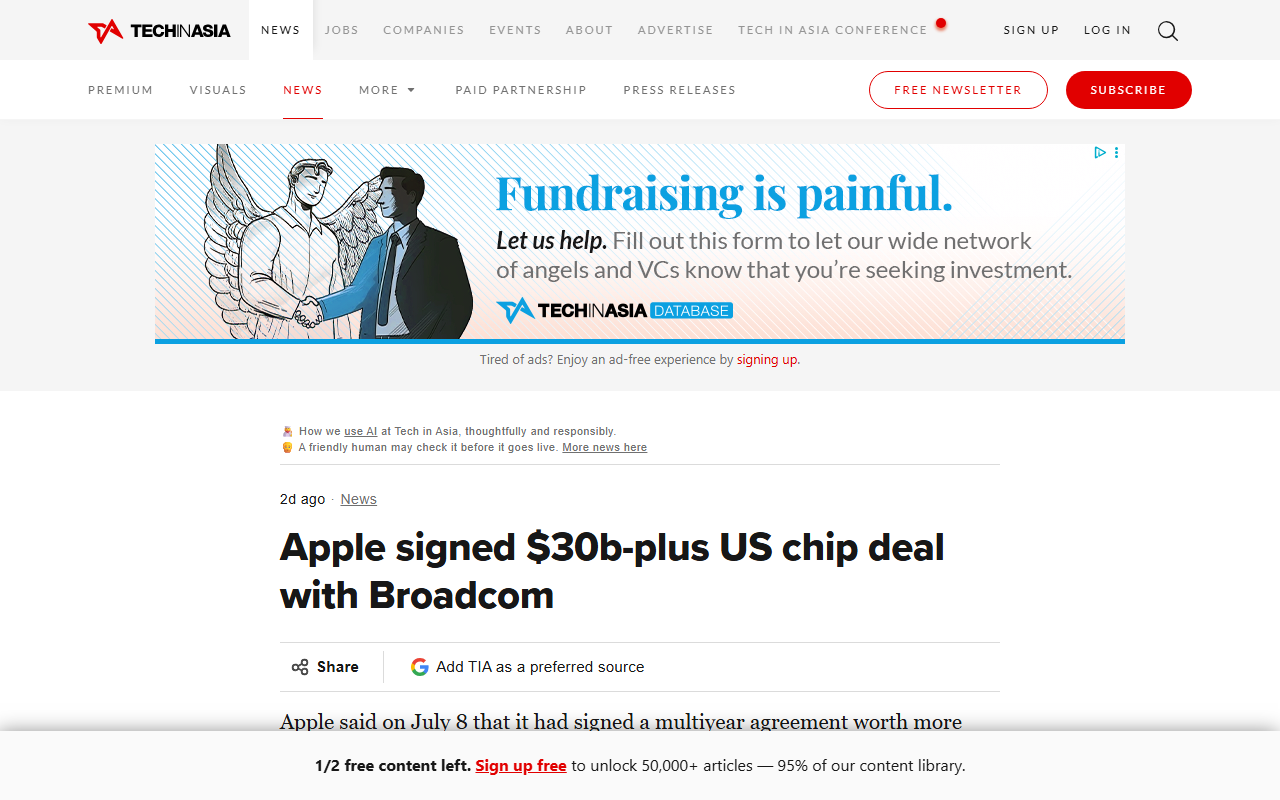 techinasia July 9 2026 report Apple signs chip supply agreement worth more than 30 billion dollars with Broadcom its largest US manufacturing commitment covering more than 15 billion US-made chips at Broadcom's Colorado site with 1.5 billion dollars into the Fort Collins plant Apple describes the components as Wi-Fi and Bluetooth while Bloomberg reports part of the work is Apple's first dedicated AI server chip