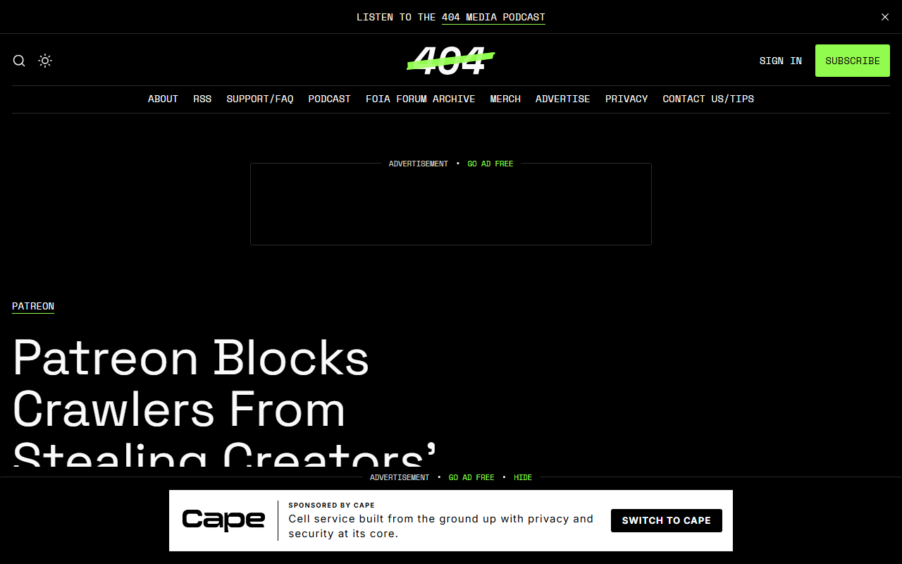 404 Media July 9 2026 report Patreon partners with Cloudflare to block AI crawlers from scraping creators members-only paid posts for model training data using new granular bot controls separating search training and agent crawlers
