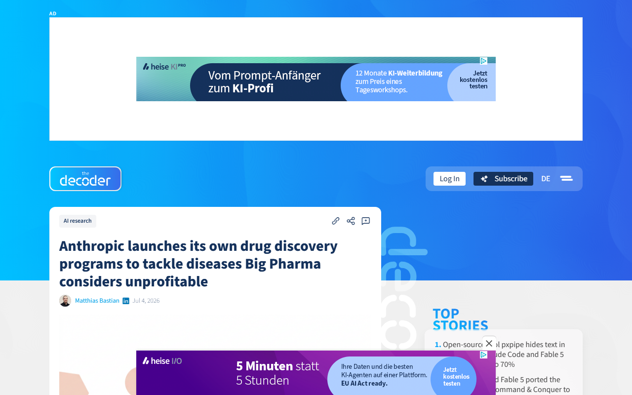 the-decoder July 2026 report Anthropic launches its own AI drug discovery programs and Claude Science bioscience product to tackle diseases Big Pharma considers unprofitable including neglected and rare conditions