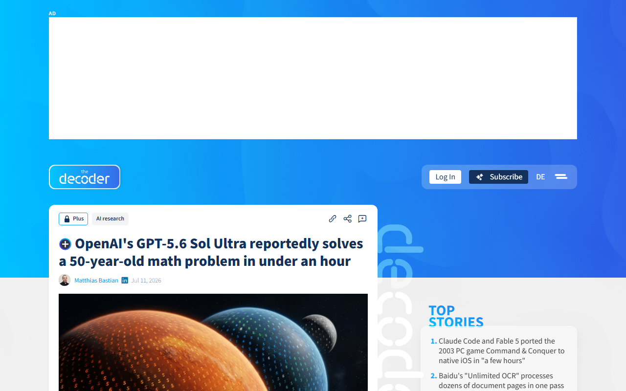 the-decoder July 11 2026 report OpenAI GPT-5.6 Sol Ultra reportedly solves a 50-year-old math problem in under an hour, proof of the Cycle Double Cover Conjecture posed by Szekeres in 1973 and Seymour in 1979, generated with 64 parallel subagents, OpenAI published the proof PDF and the 700-word orchestration prompt, not peer reviewed, mathematician Thomas Bloom faults missing citations to a 1983 Bermond Jackson Jaeger paper and calls the argument short and elementary