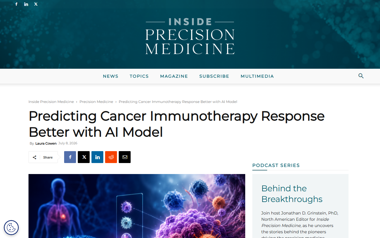 Inside Precision Medicine July 2026 report on COMPASS, a Harvard Medical School foundation model published in Nature Medicine by Wanxiang Shen and Marinka Zitnik predicting cancer immunotherapy response from tumor gene expression, pretrained on 10184 tumors across 33 cancer types, beats 22 existing methods by 8.5 percentage points accuracy, concept-bottleneck transformer routing 16000 genes through 44 interpretable immune concepts, retrospective and not FDA cleared