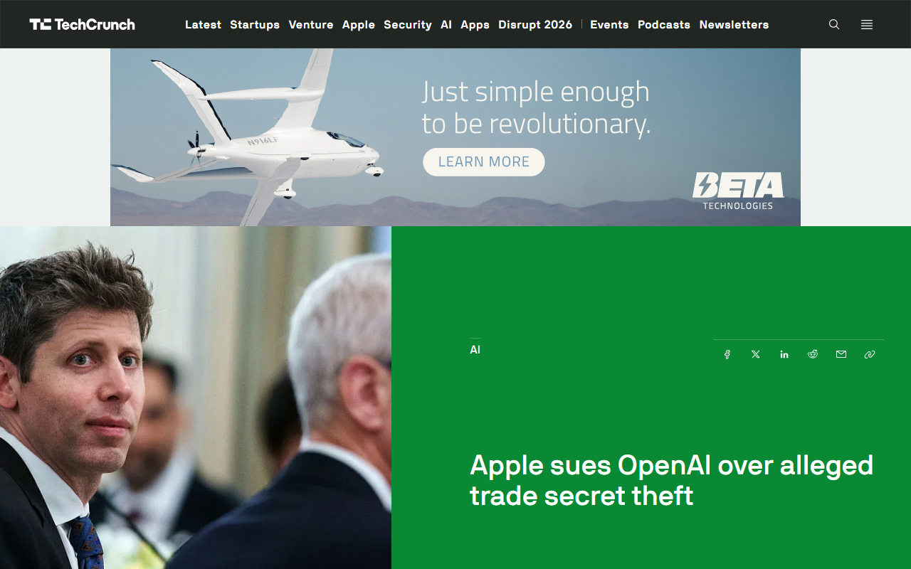 TechCrunch July 10 2026 Apple sues OpenAI over alleged trade secret theft in the US District Court for the Northern District of California naming OpenAI chief hardware officer Tang Tan a 24-year Apple veteran and former Apple engineer Chang Liu alleging candidates were asked to bring Apple parts and prototypes to interviews Apple seeks injunctive relief and evidence preservation OpenAI denies any interest in other companies trade secrets