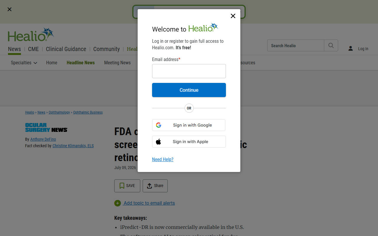 Healio report July 9 2026 FDA grants 510k clearance to iHealthScreen for iPredict-DR AI powered screening software detecting more than mild diabetic retinopathy in adults with diabetes analyzes color retinal fundus images from iCare DRSplus camera easy to use by any minimally skilled healthcare worker or nurse enabling screening in primary care and community settings commercially available across the US founder CEO Alauddin Bhuiyan