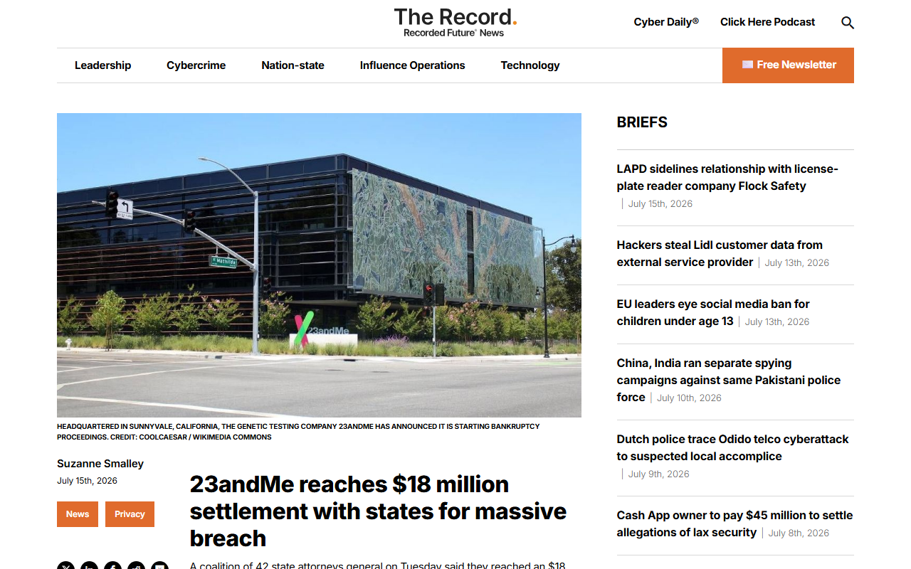 The Record July 15 2026 23andMe reaches 18 million dollar settlement with 42 state attorneys general over October 2023 credential stuffing breach exposing genetic and ancestry data of 6.9 million people investigators found no protections against stolen credential attacks company initially denied breach then blamed consumers settlement mandates security requirements and preserves right to delete data and destroy physical samples indefinitely data now held by 23andMe Research Institute nonprofit after bankruptcy and 305 million dollar asset sale