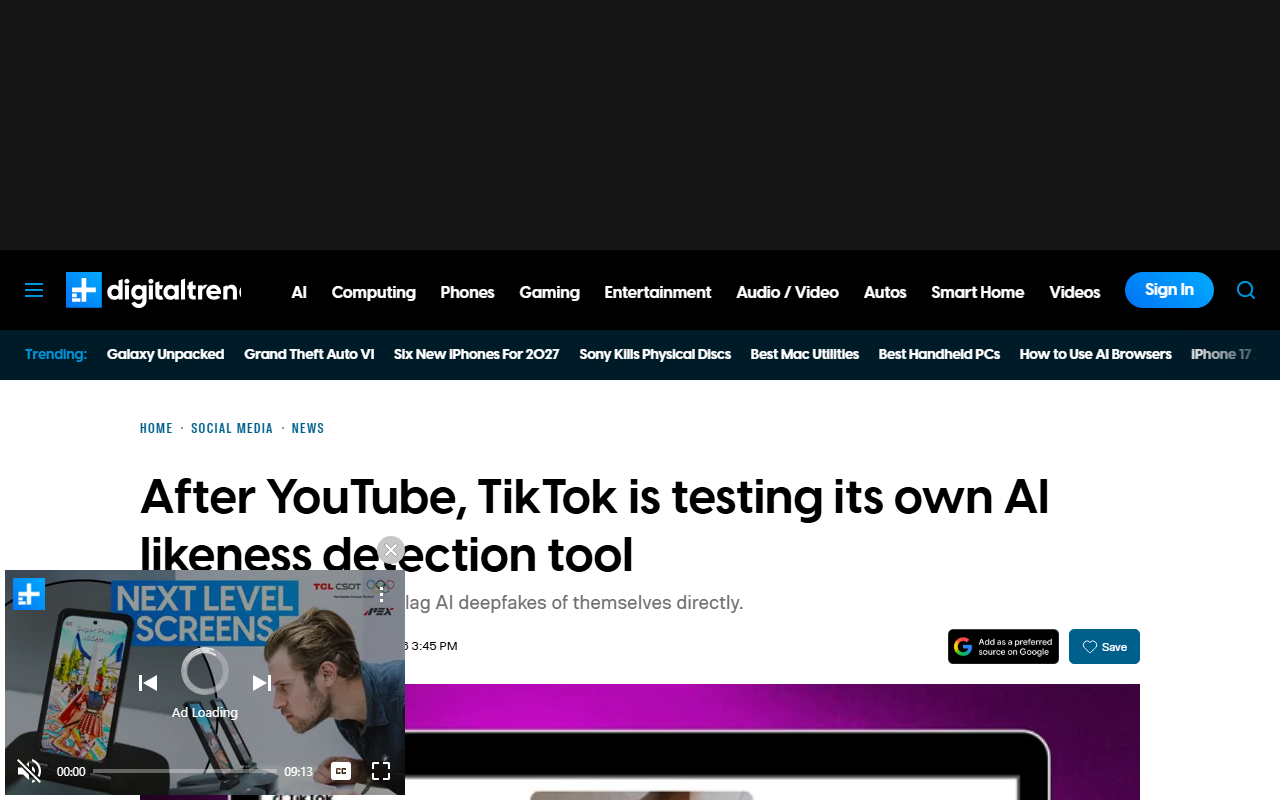 Digital Trends July 2026 TikTok testing opt-in AI likeness detection tool scans for AI-generated videos using a creators face without permission creators verify identity through Jumio real-time selfie and ID check TikTok US spokesperson Zachary Kizer confirms pilot limited to small group of US creators follows YouTube expanding similar tool to eligible creators over 18 and celebrities and talent agencies