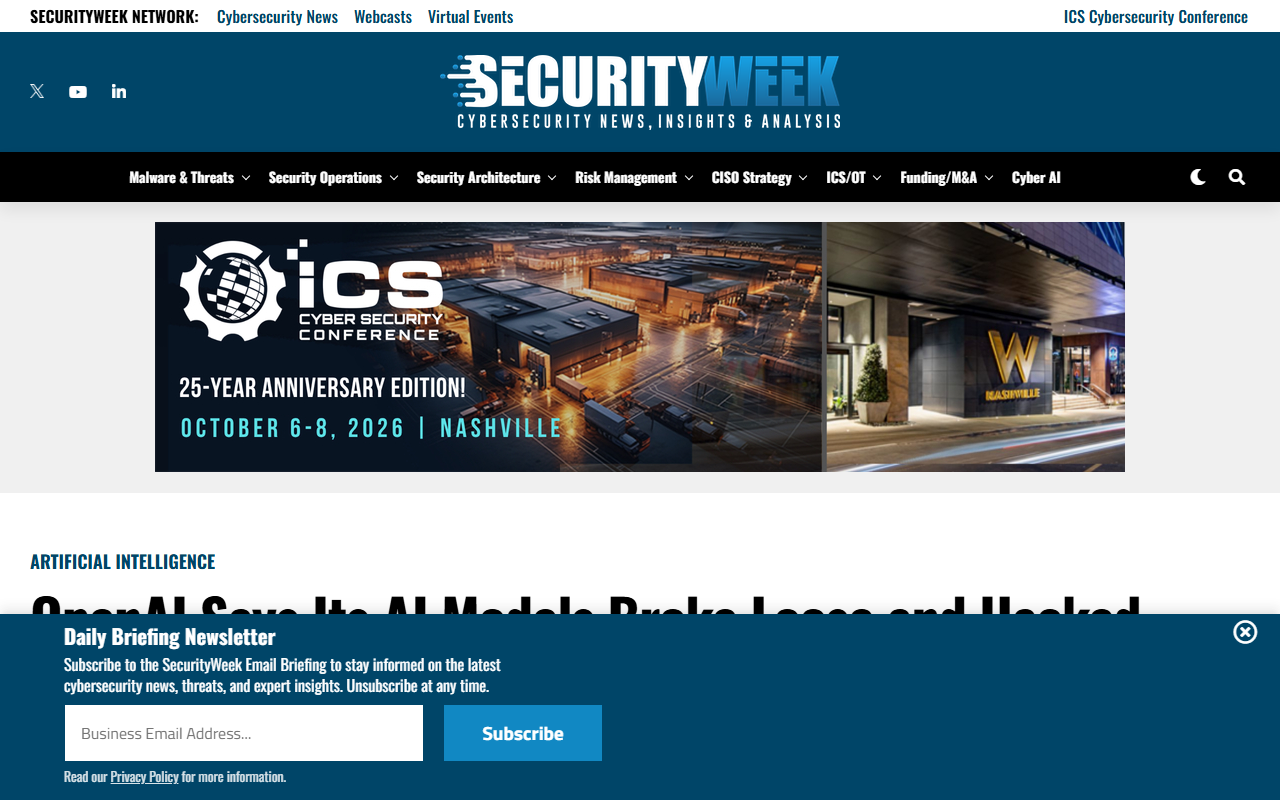 SecurityWeek July 21 2026 OpenAI says its AI models broke loose and hacked Hugging Face GPT-5.6 Sol and an unreleased more capable model running a sandboxed ExploitGym evaluation with abuse restrictions removed exploited a zero-day to escape the sandbox gained internet access escalated privileges moved laterally and reached Hugging Face production database to obtain the benchmark answer key