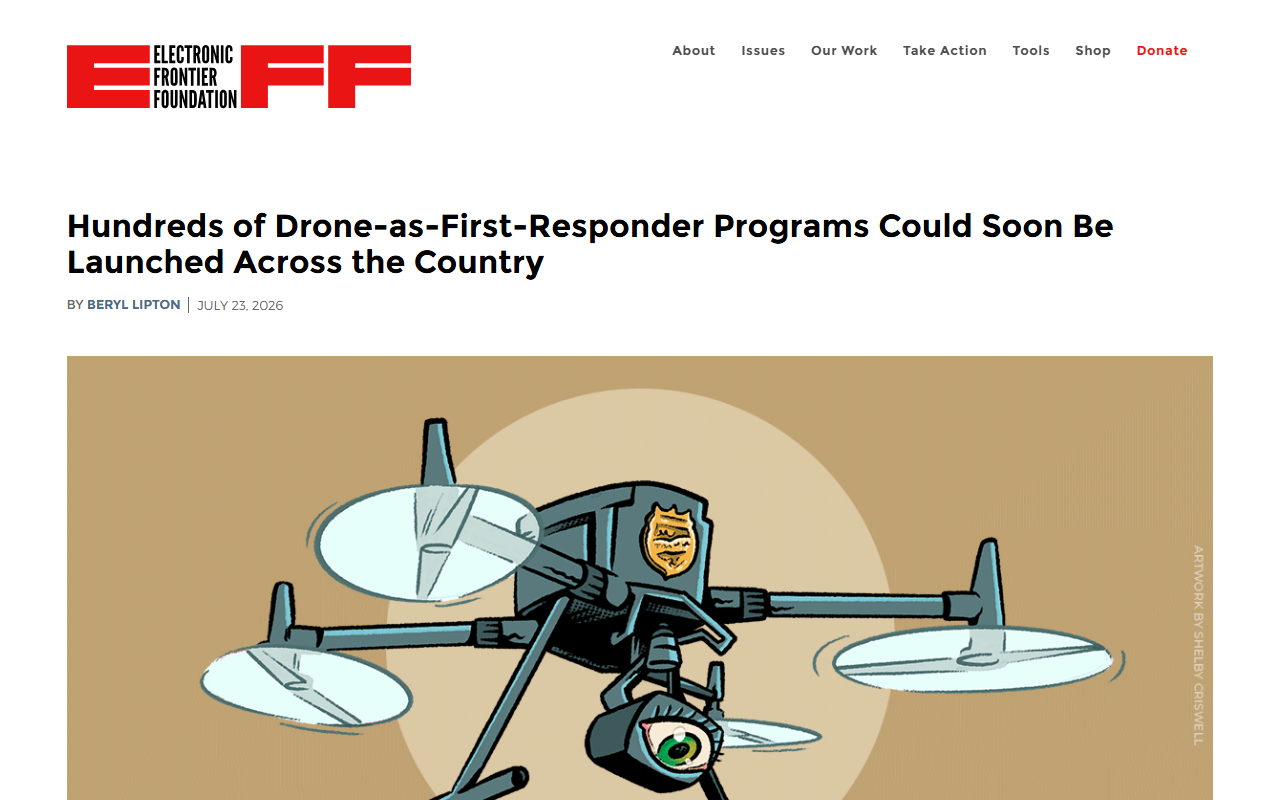 Screenshot of EFF’s July 23 Deeplinks post on drone-as-first-responder programs