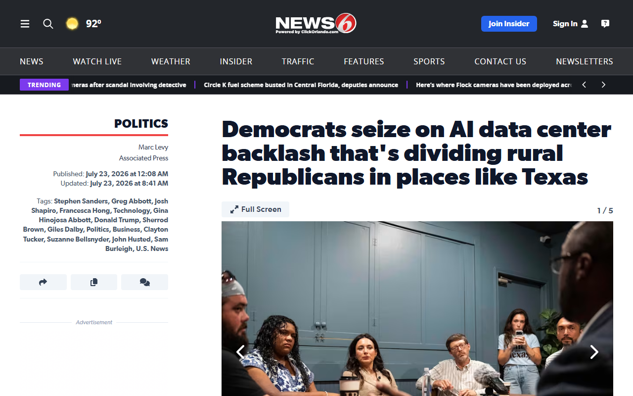 Screenshot of the AP report on data-center backlash in Texas politics
