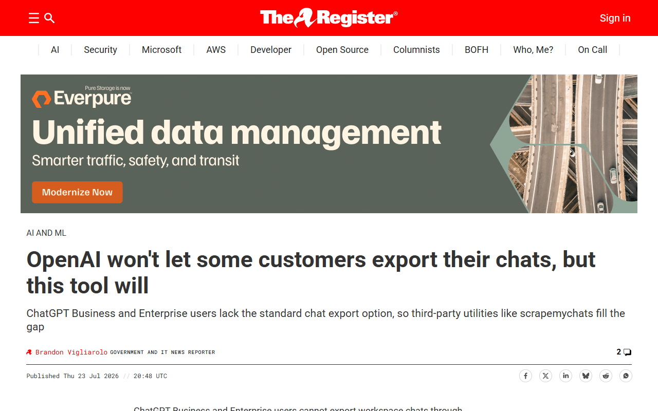 Screenshot of The Register’s report on ChatGPT Business export limits