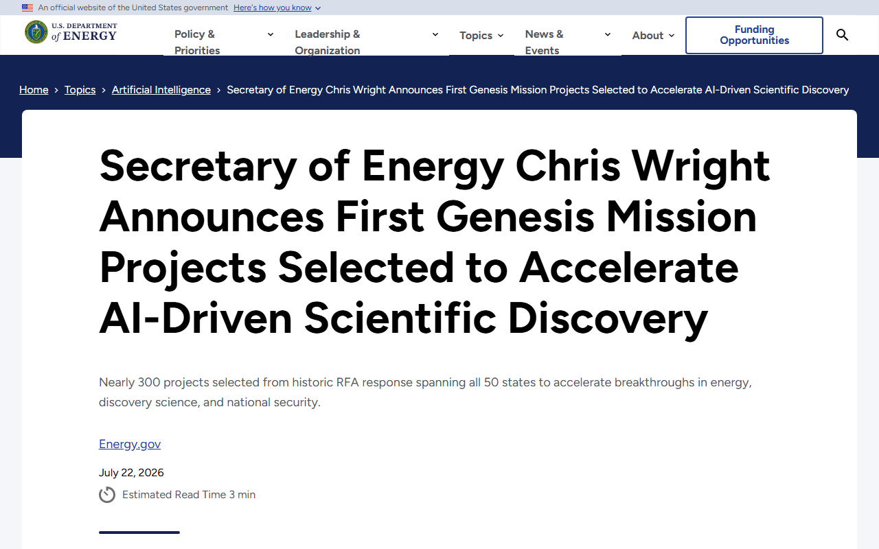 Screenshot of the Energy Department’s Genesis Mission announcement