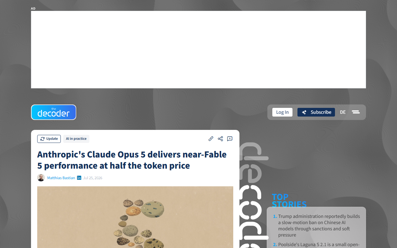 Screenshot of The Decoder's July 24 story on Claude Opus 5's pricing and per-request effort dial
