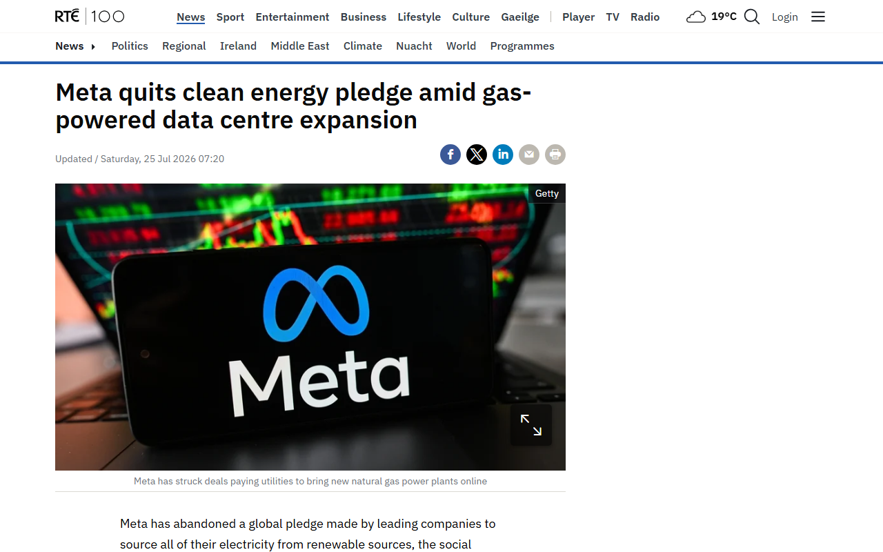 Screenshot of RTE's July 25 report on Meta withdrawing from the RE100 clean-energy pledge over its gas buildout