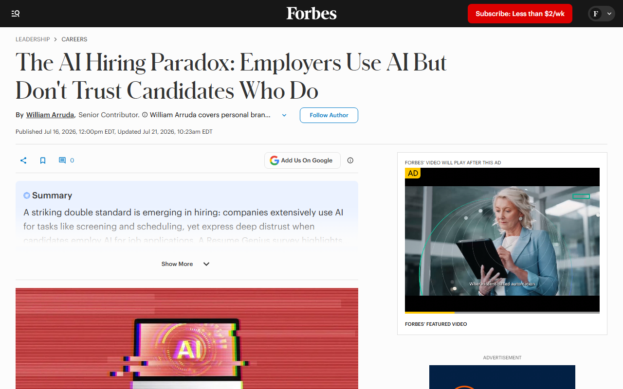 Screenshot of Forbes's July 16 article on the AI hiring paradox and the Resume Genius survey of 1,500 managers.