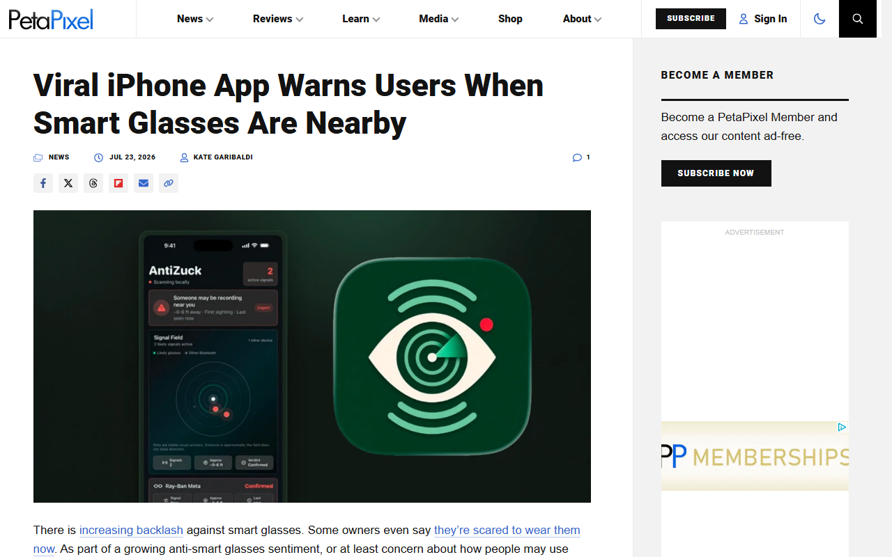 Screenshot of PetaPixel's July 23 report on the AntiZuck iPhone app that detects nearby AI smart glasses.