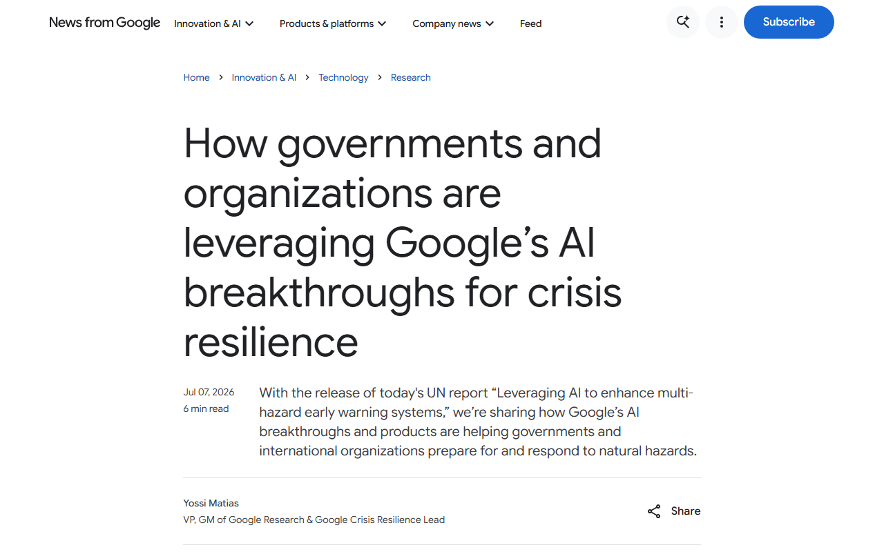 Screenshot of Google's July 7 crisis-resilience post on the DISHA AI disaster damage-assessment system built with UNOSAT.