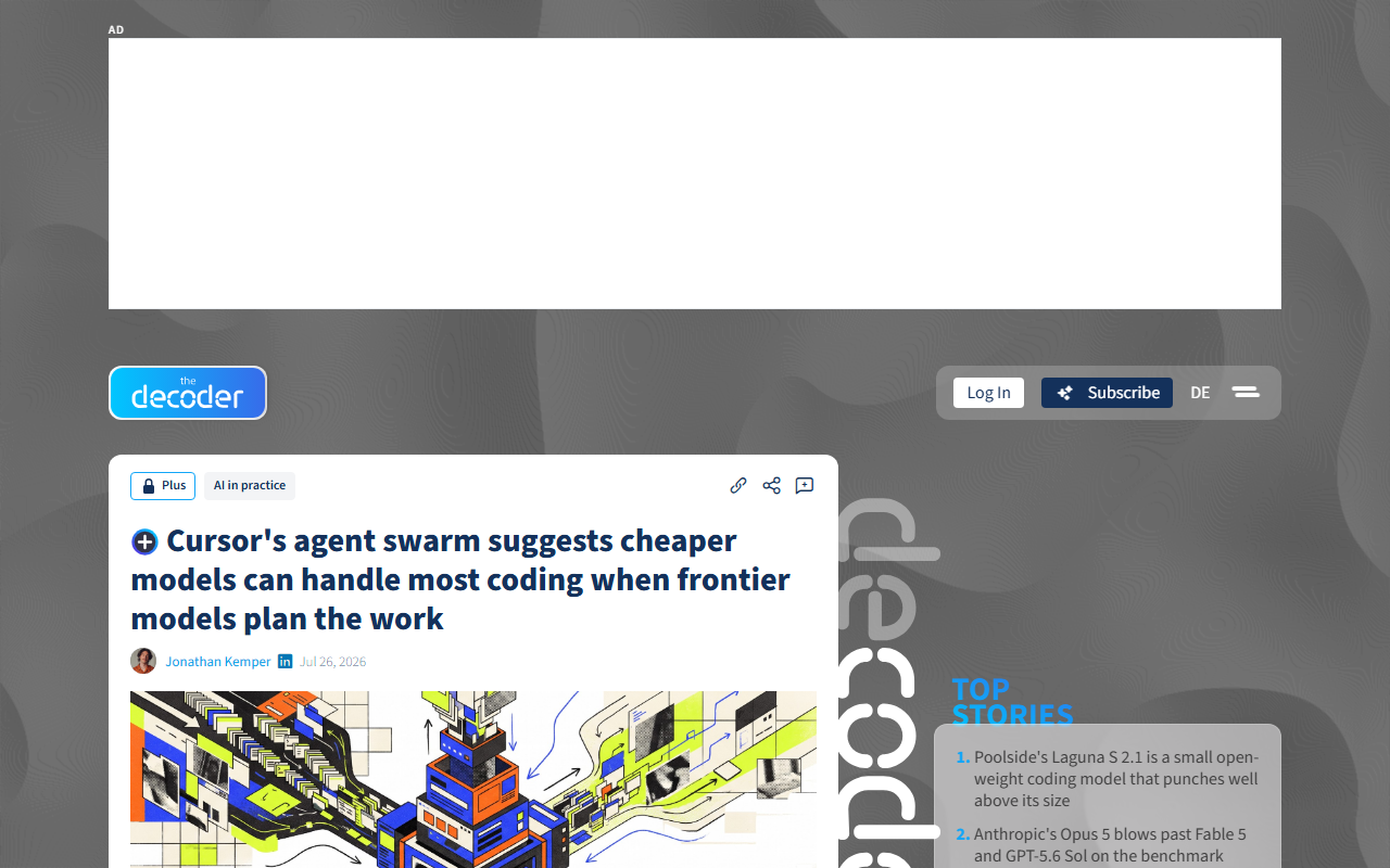 Screenshot of The Decoder's write-up of Cursor's agent-swarm coding benchmark.