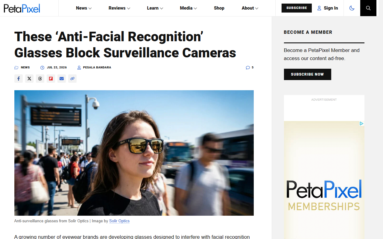 Screenshot of PetaPixel's July 23 piece on anti-facial-recognition eyewear.