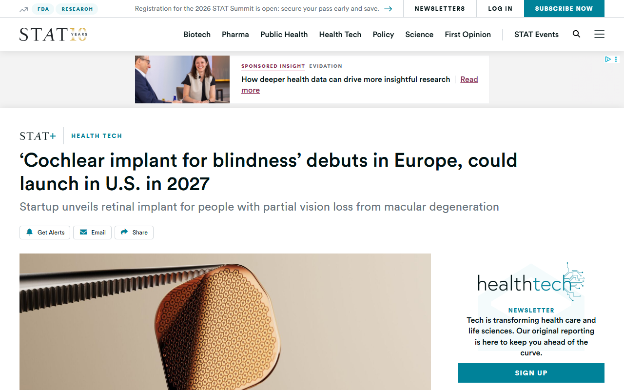 Screenshot of eyewire.news reporting Science Corporation's PRIMA implant launch in Europe.