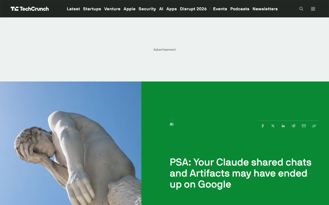 Screenshot of TechCrunch's July 27 PSA that shared Claude chats and Artifacts turned up on Google.