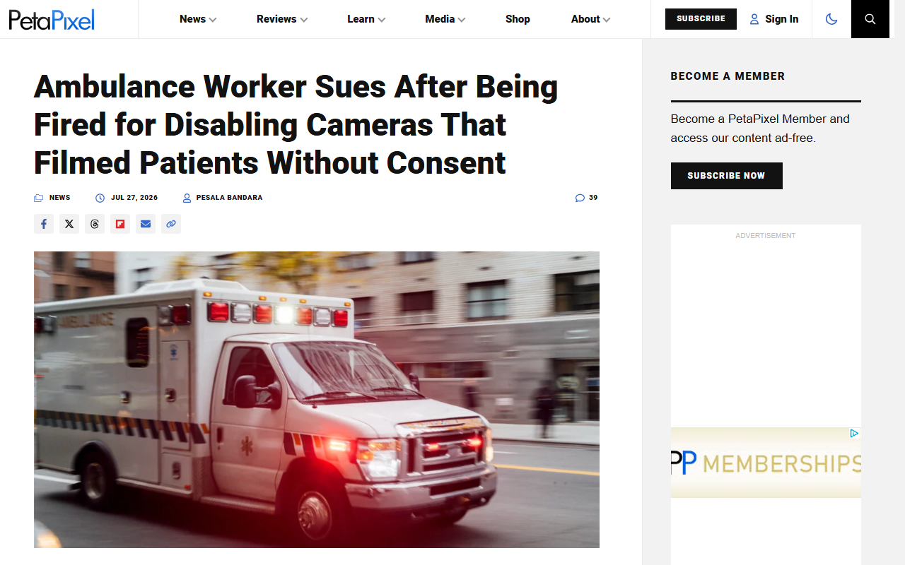 Screenshot of PetaPixel's July 27 report on an EMT suing after being fired for disabling ambulance cameras.
