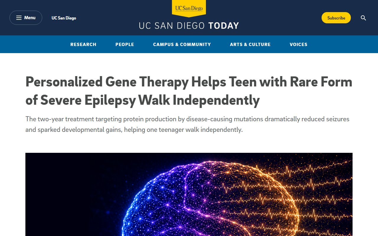 Screenshot of UC San Diego Today reporting the personalized antisense therapy that helped a teen with SCN2A epilepsy walk.