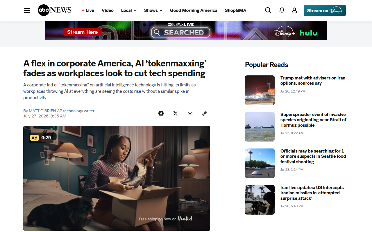 Screenshot of the AP wire report on corporate America cutting AI spending as tokenmaxxing fades