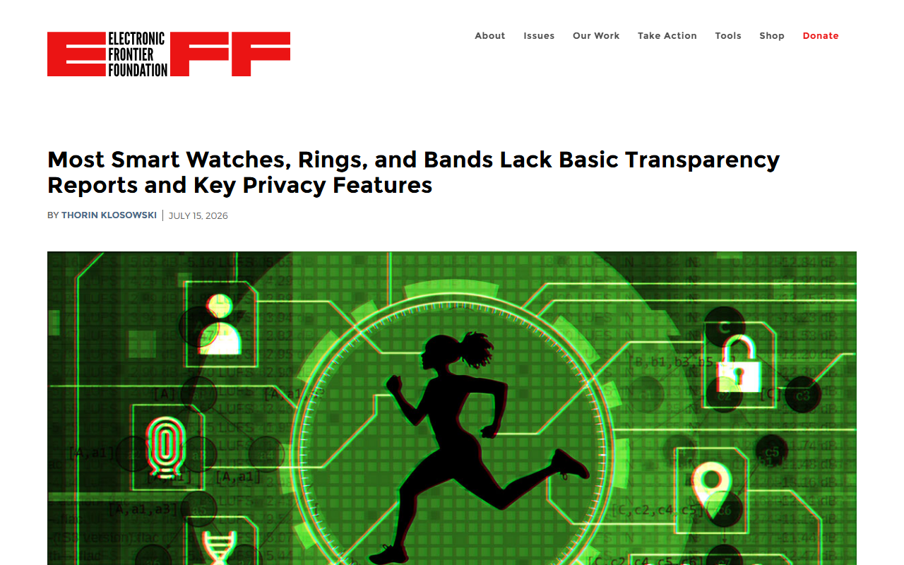 Screenshot of the EFF Deeplinks post on smartwatch and fitness-band privacy and transparency gaps