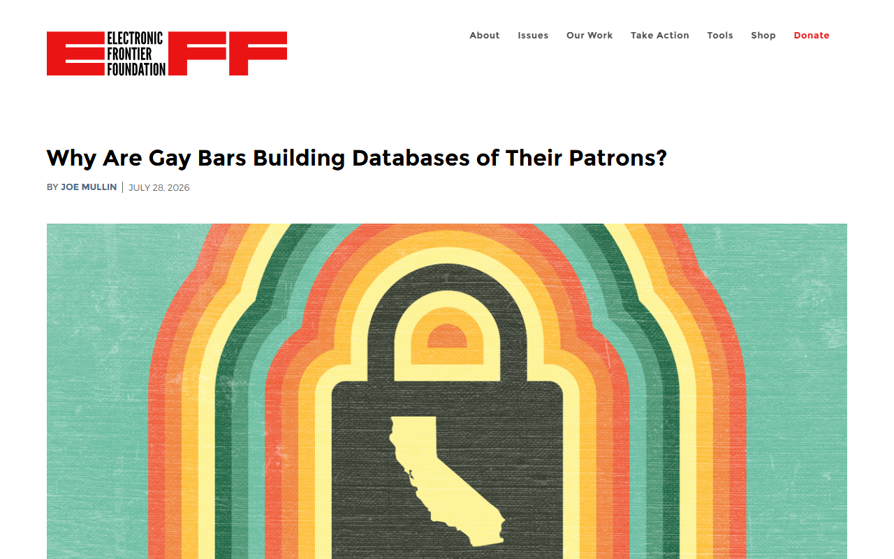Screenshot of the EFF's July 28 Deeplinks post on face-scanning ID kiosks at Castro gay bars.