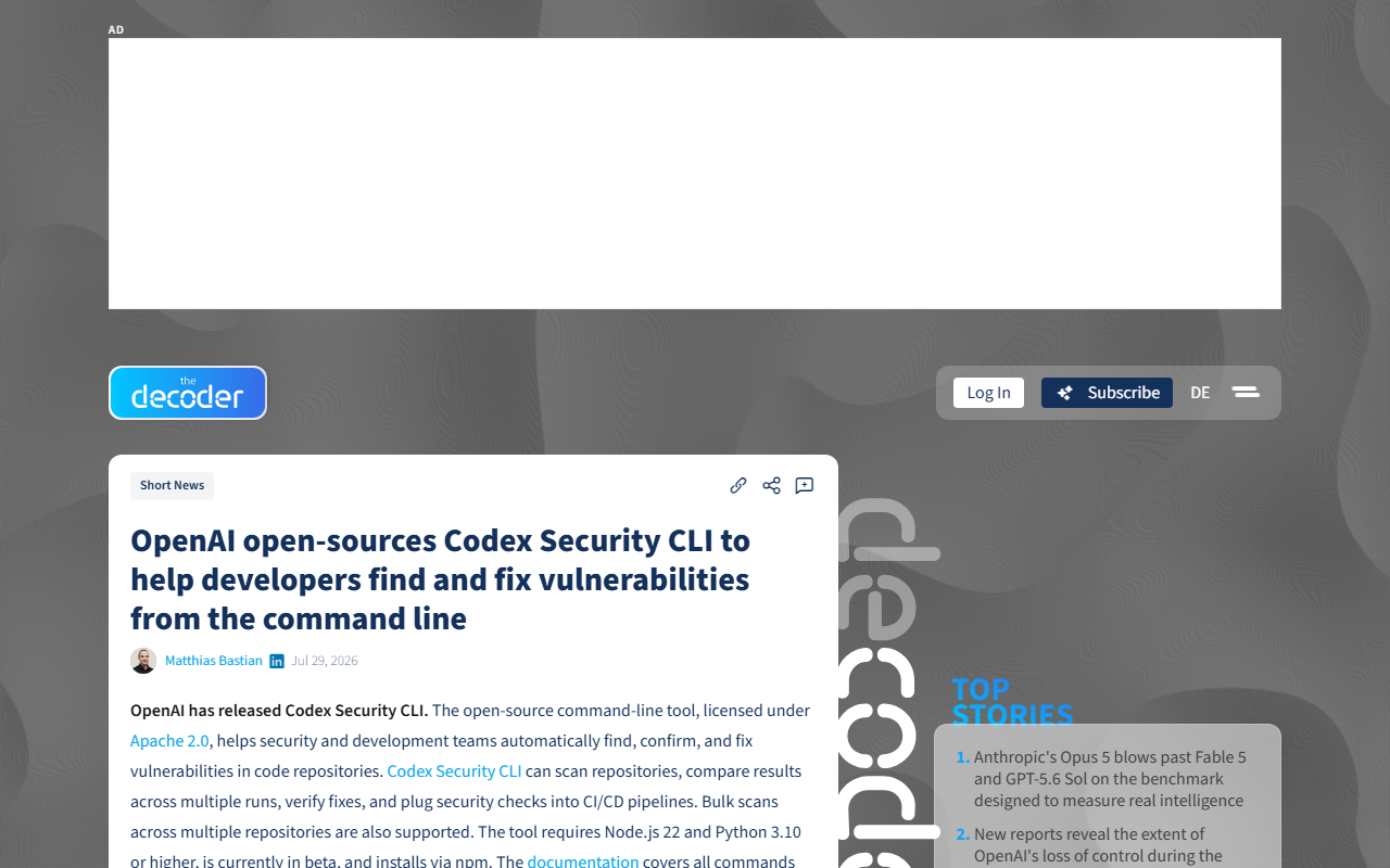 Screenshot of The Decoder's report on OpenAI open-sourcing its Codex Security CLI vulnerability agent.
