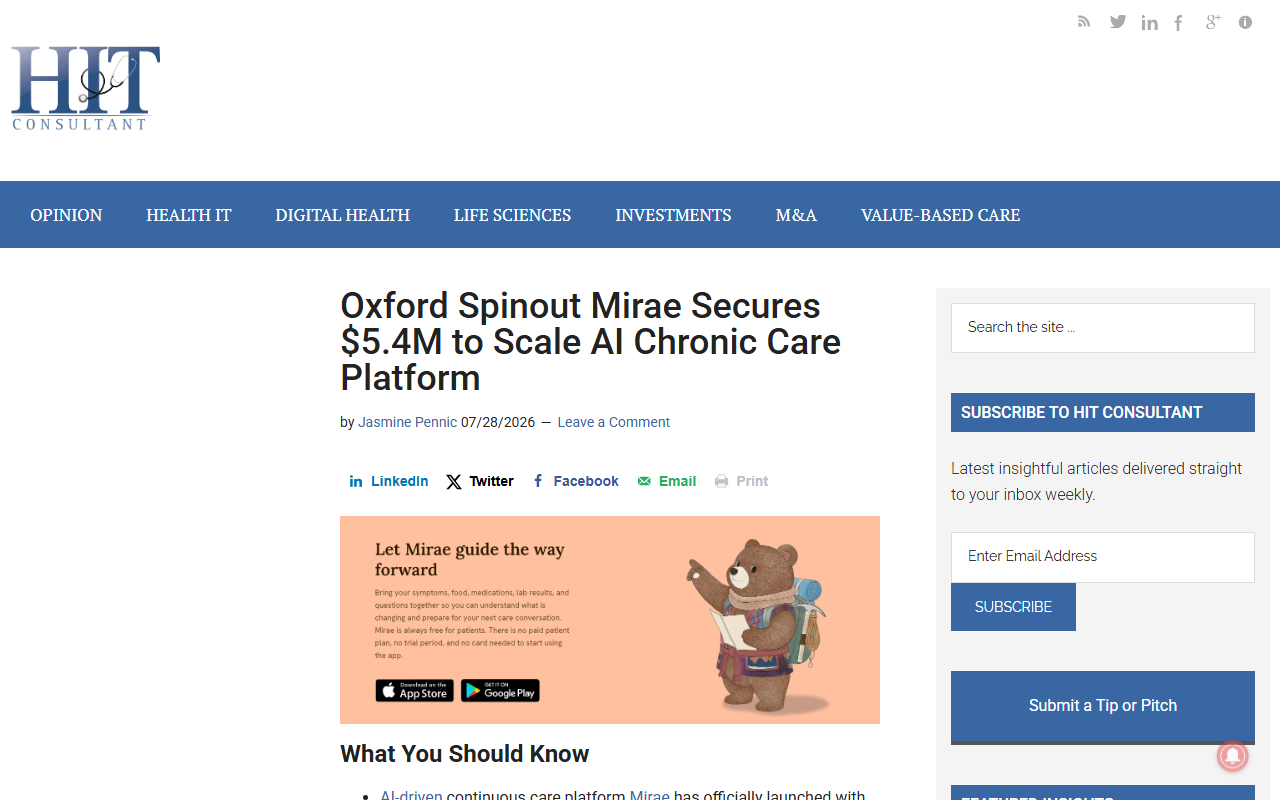 Screenshot of HIT Consultant's report on Oxford spinout Mirae's $5.4M chronic-care AI launch.