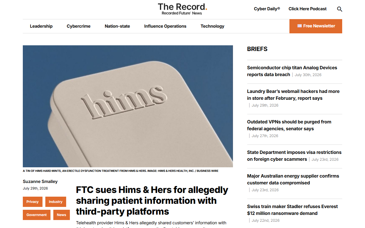 Screenshot of The Record's report on the FTC lawsuit against Hims & Hers over health data sharing