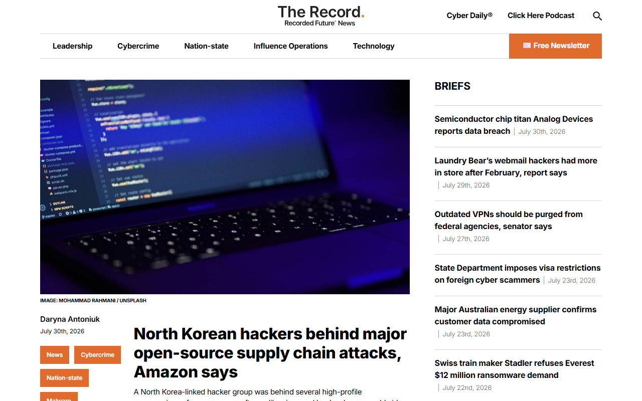 Screenshot of The Record's report on Amazon linking North Korean hackers to npm supply-chain attacks