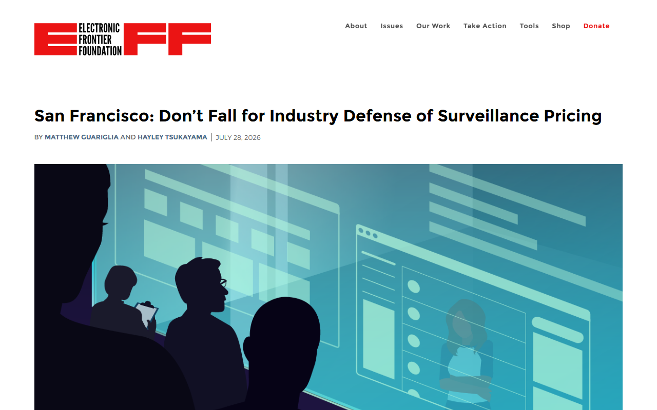 Screenshot of the EFF Deeplinks post urging San Francisco not to fall for the industry defense of surveillance pricing