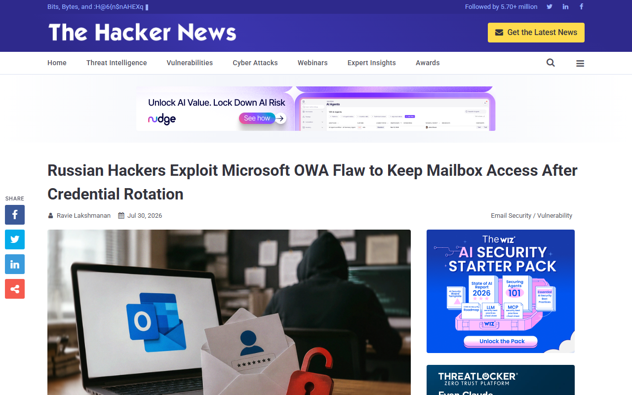 Screenshot of The Hacker News report on Russian hackers exploiting the Microsoft Exchange OWA flaw with OWAReaper
