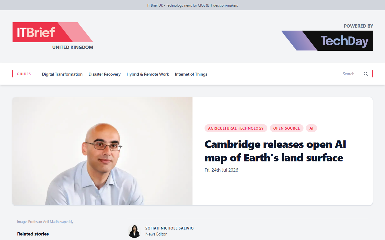 Screenshot of IT Brief's report on Cambridge releasing the open TESSERA AI map of Earth's land surface