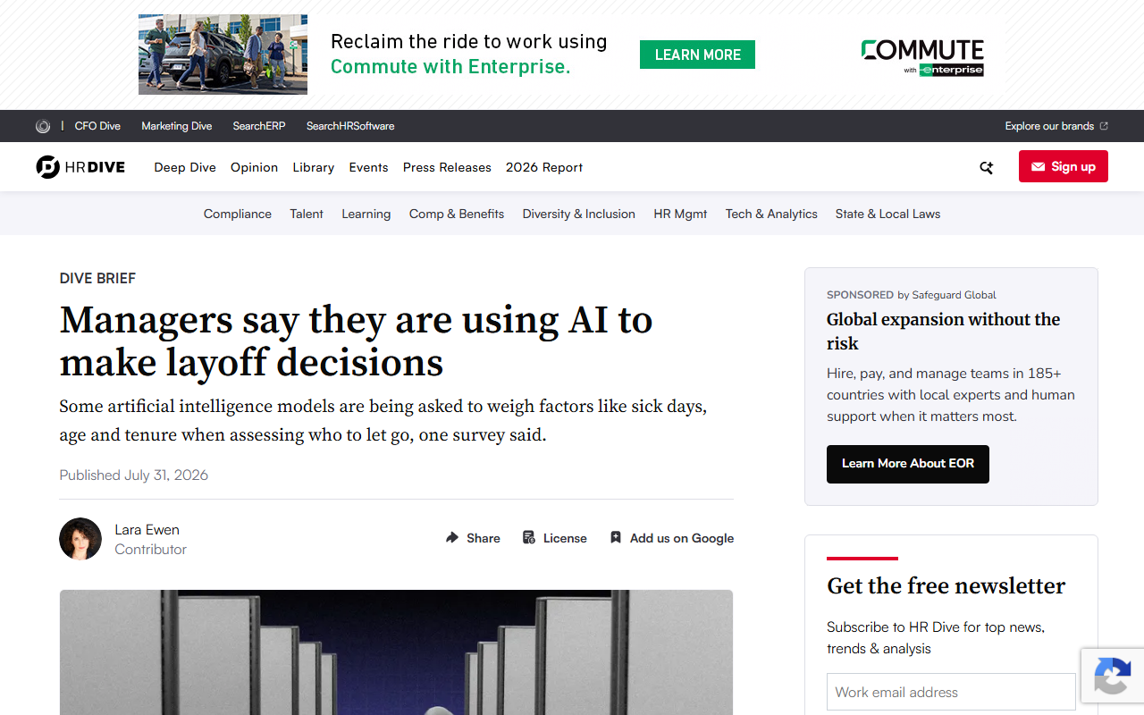 HR Dive report on a ResumeTemplates survey finding most managers use AI to help decide layoffs