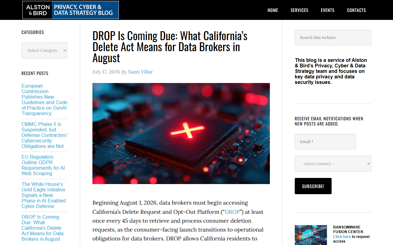Alston and Bird privacy analysis of California's DROP data-broker deletion becoming mandatory in August